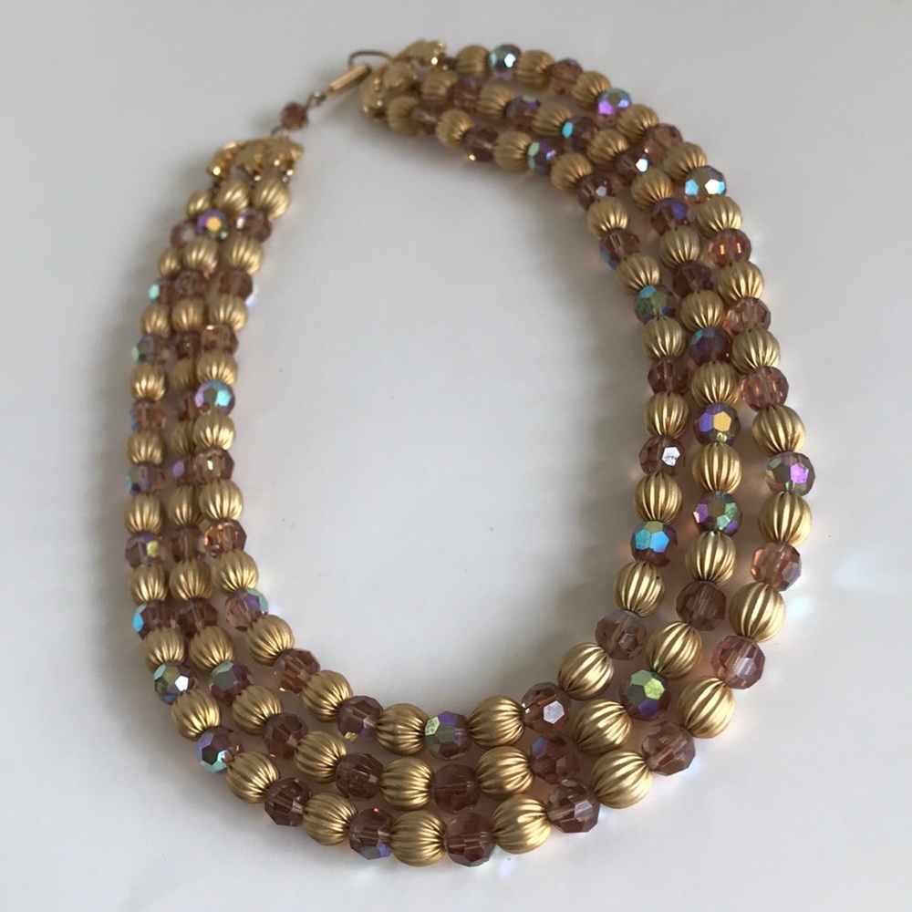 Vintage champagne crystal beaded choker necklace